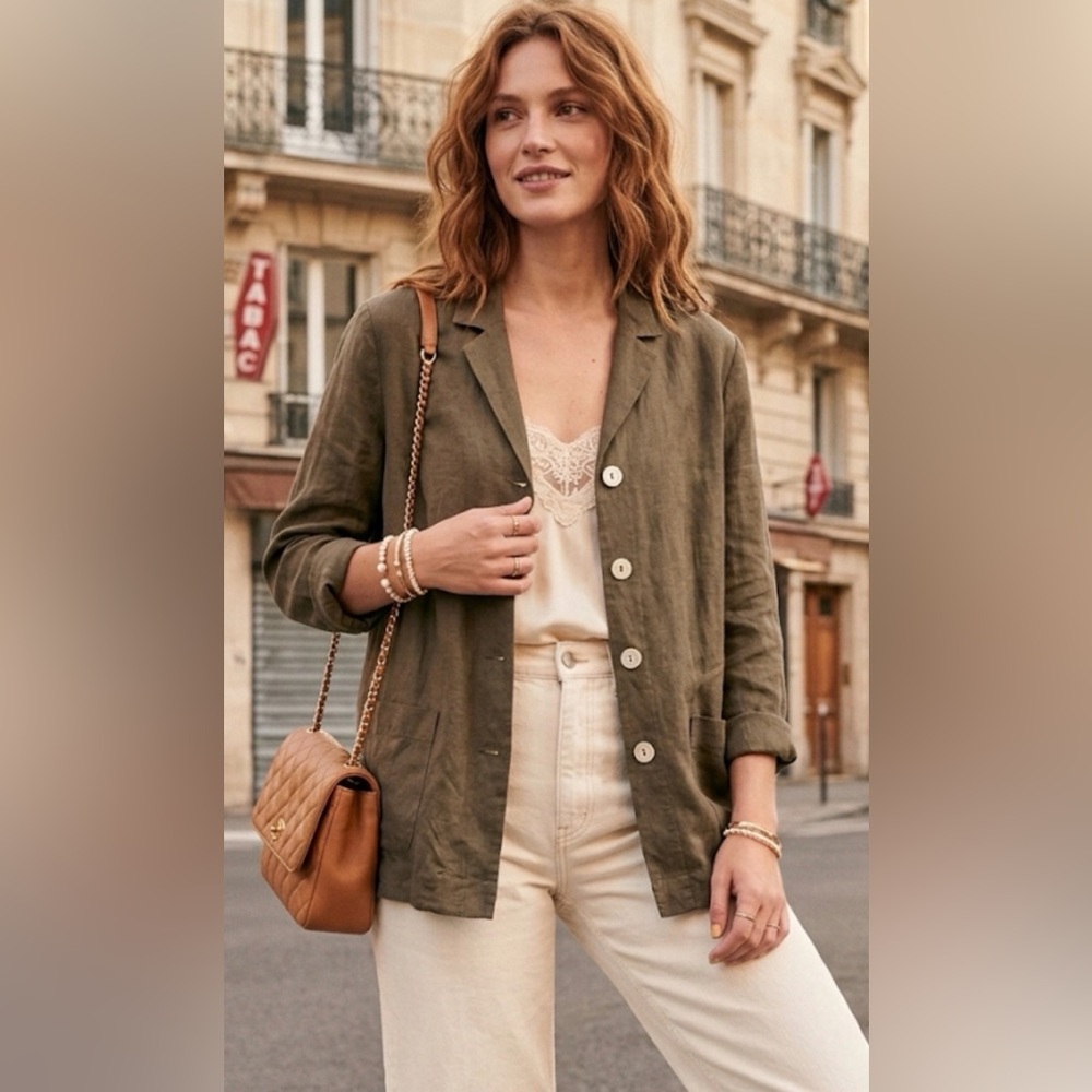Islander Linen Blend Button-Down Shirt – Olive Earthy Neutral – Size Large